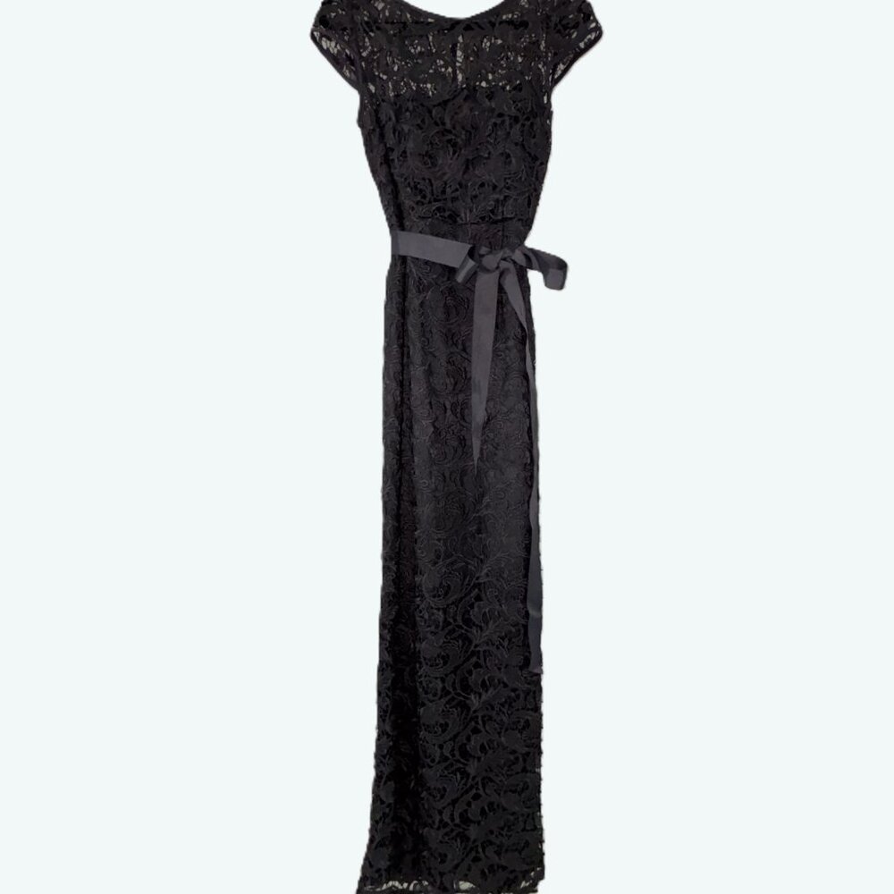 Adrianna Papell Gray Lace Gown with Satin Sash - Formal Maxi Dress